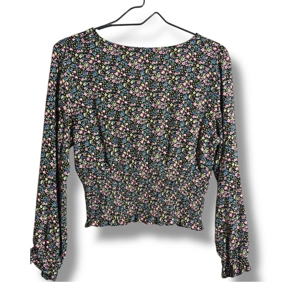 Paper Crane Black with Vibrant Pink and Yellow Floral Long Sleeve Wrap Blouse - Picture 13 of 16